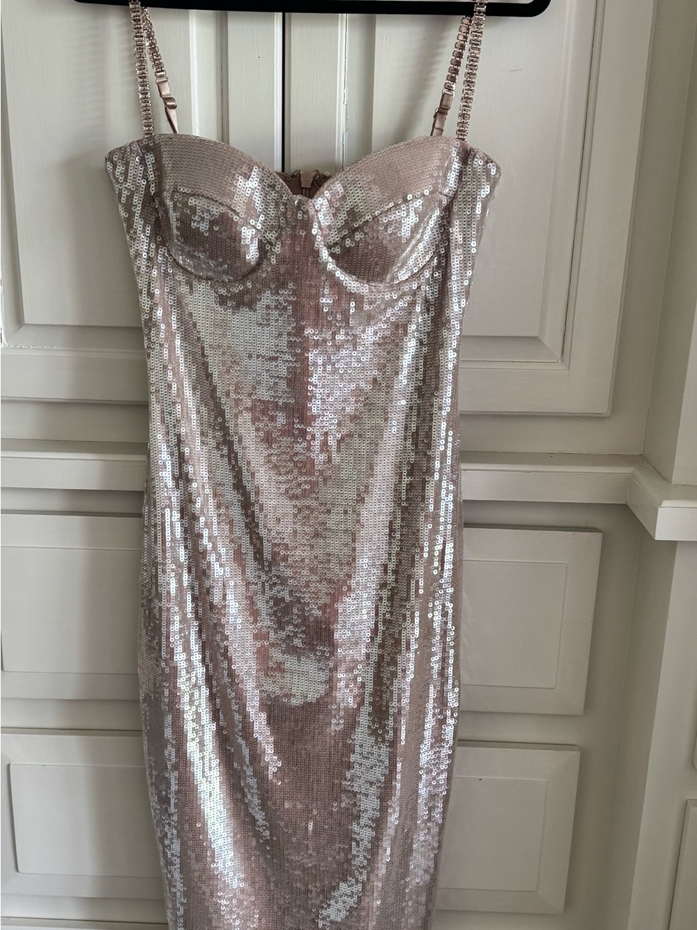 NADINE MERABI Champagne Gold Sequin Midi Dress, New without tags size 6